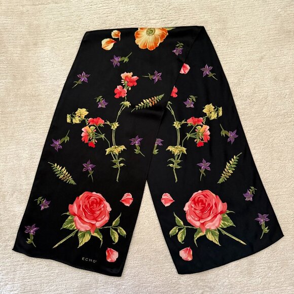 Echo Black Silk Scarf Pink Floral Print Neck Headband Ponytail Bow Bag Accessory - Picture 2 of 11